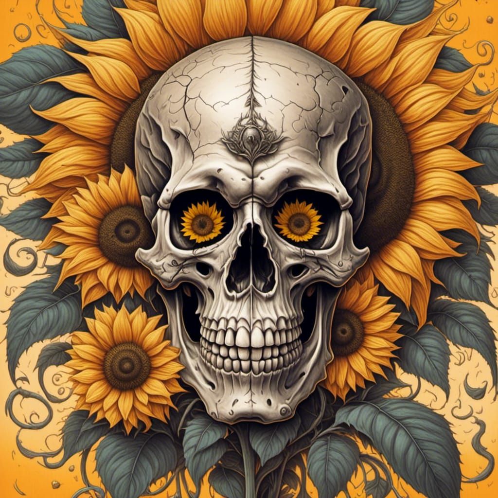 Skull and Sunflower Surreal Composition