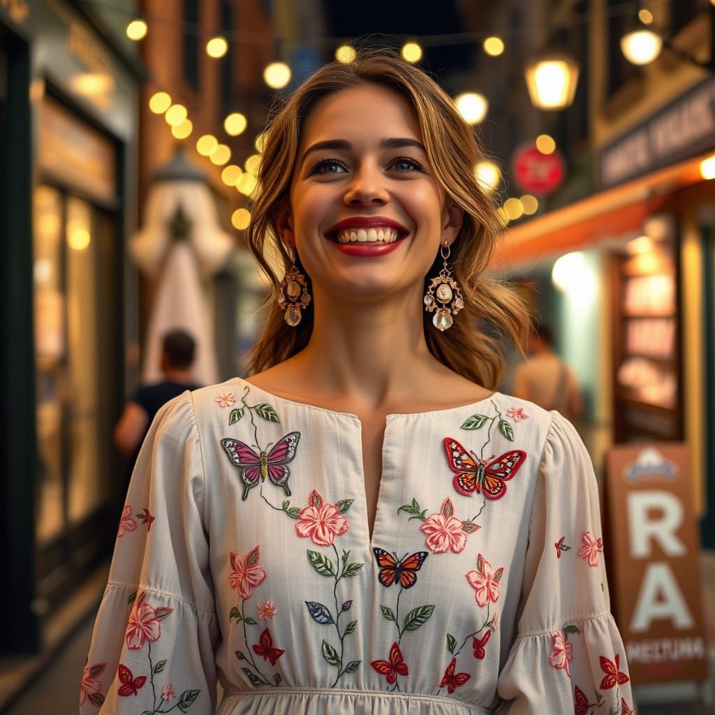 Woman Laughs in Whimsical Cotton Dress with Jasmine and Butt...