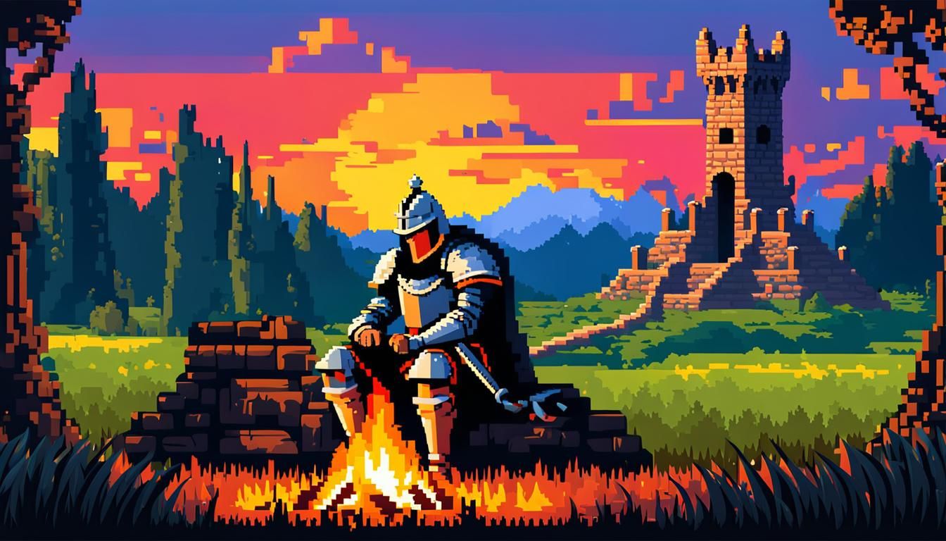 Medieval Knight by Campfire in Pixel Art
