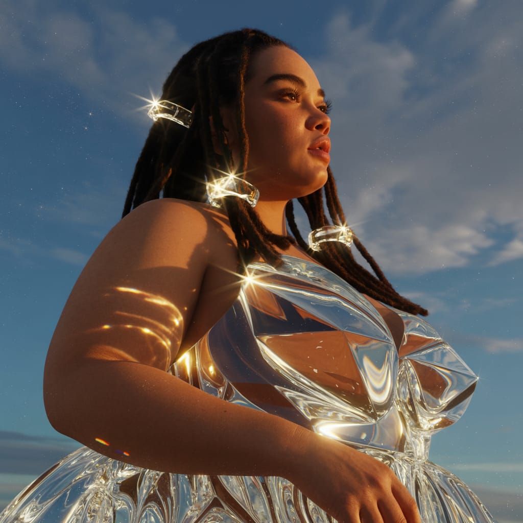 Plus-Size Woman in Melting Ice Gown Under Golden Sun