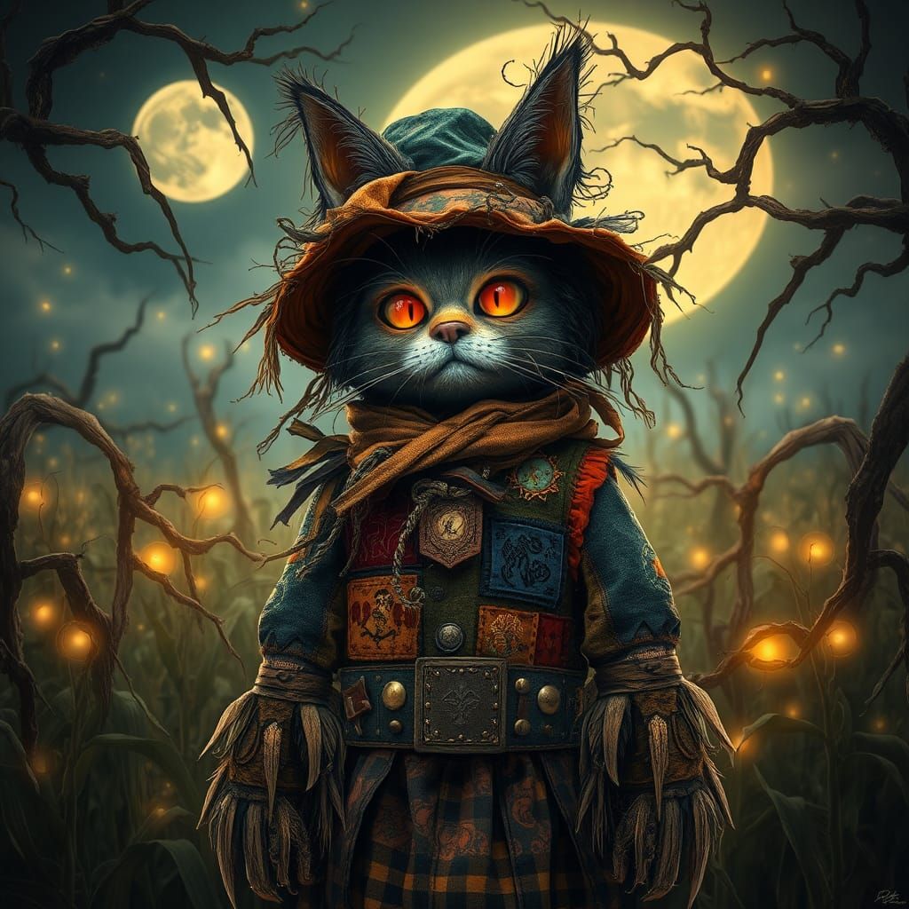 Mystical Kitty Scarecrow in Moonlit Cornfield