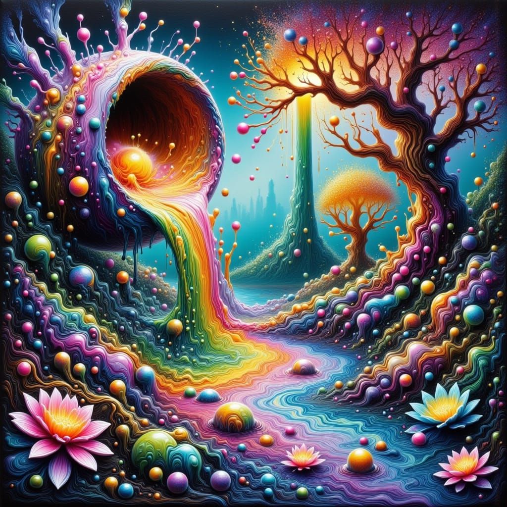 Liquid of all colors pour out of a can to create a fantasy forrest with a river <lora:Viscose Fluidity:1.0> <lora:-Fluid...