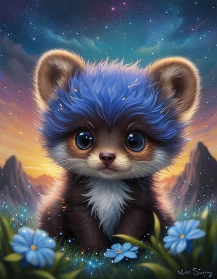 Fantasy Weasel in Flower Rain, Oil Painting