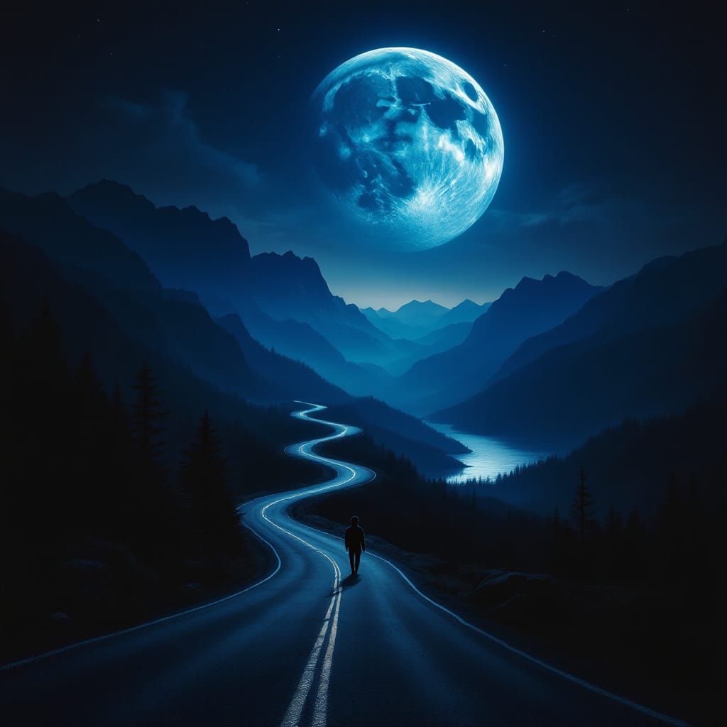 Endless Road Under Moonlight: Cinematic Film Still