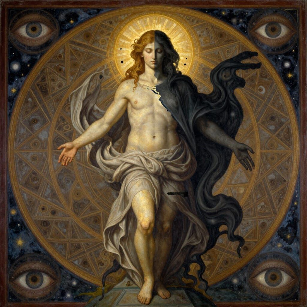 Allegorical Figure of Youth and Decay in Surreal Mural Style