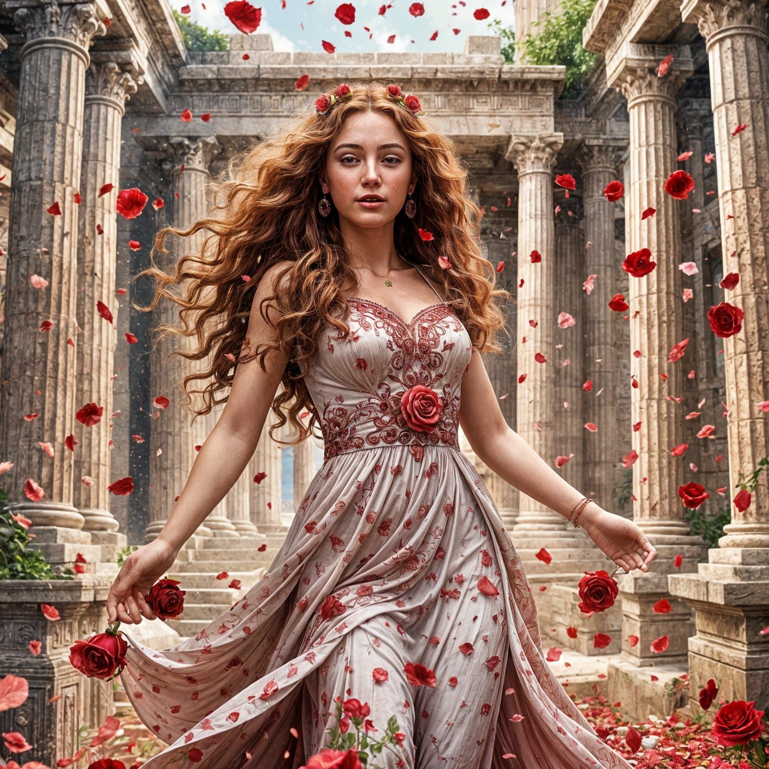 Goddess Aphrodite in a Greek Temple Amidst Falling Rose Peta...