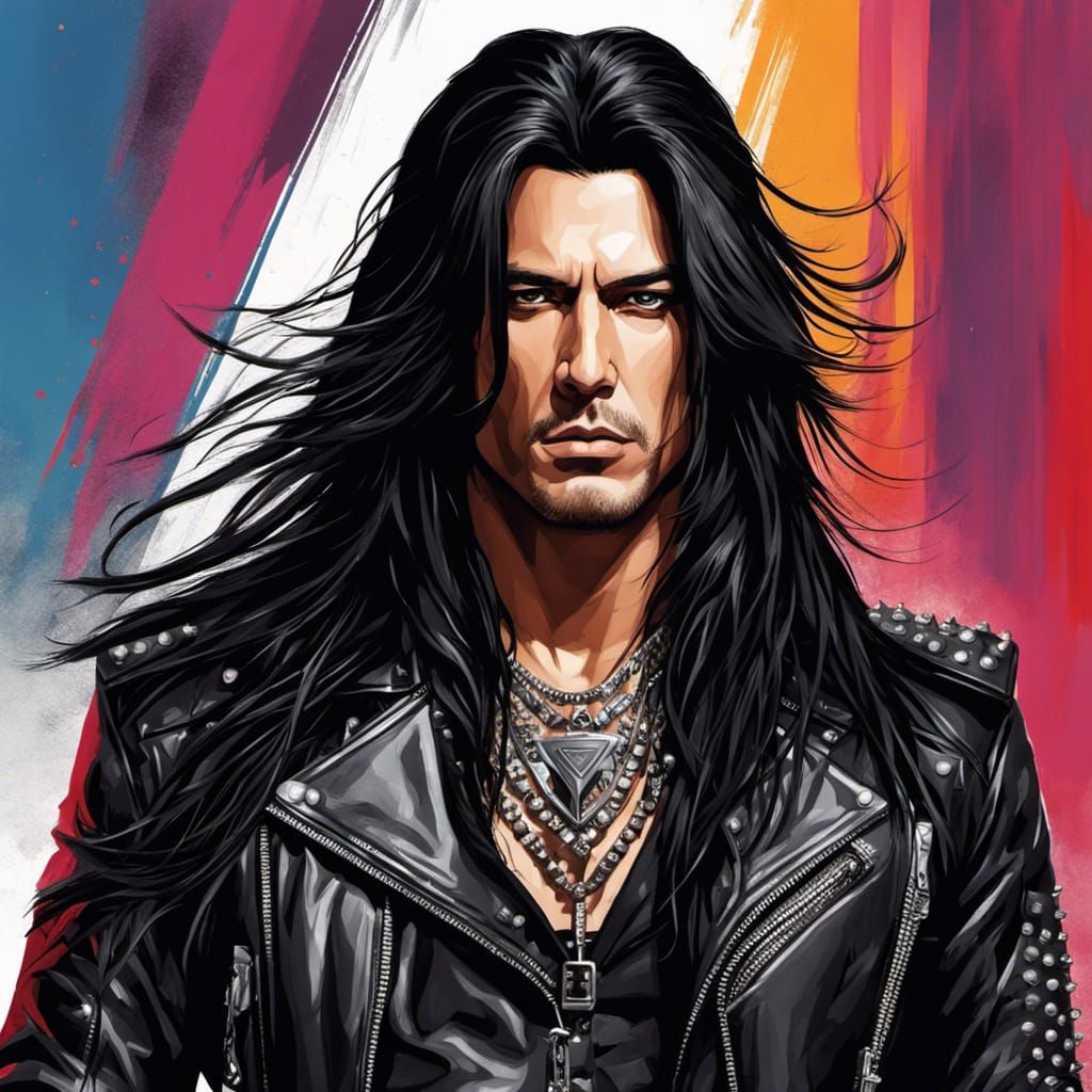 Dynamic Rockstar in Black Leather: Digital Painting