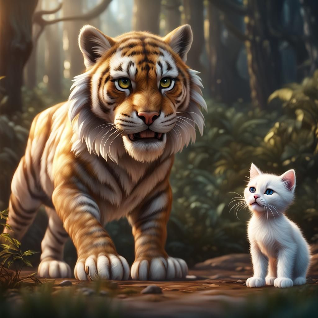 Saber-Tooth Tiger Stares at Kitten: Fantasy Concept Art
