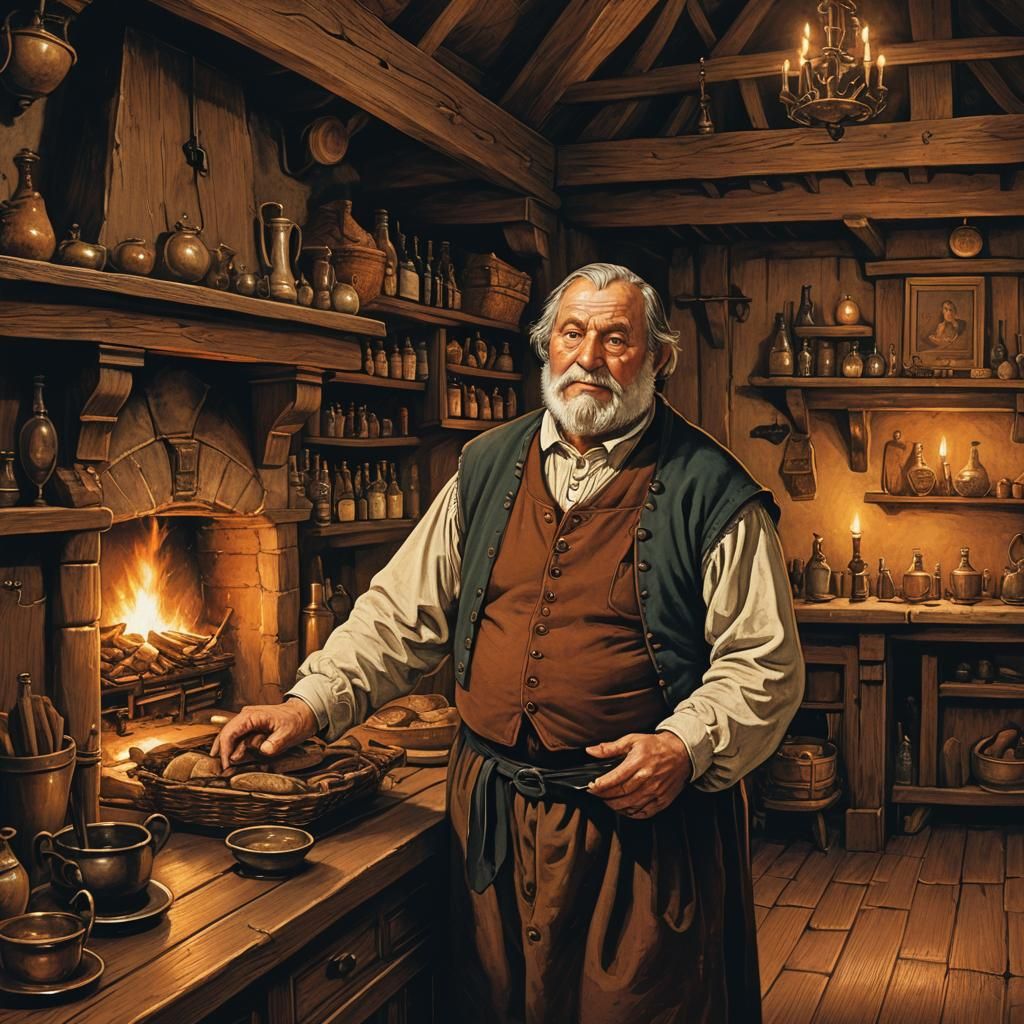 Medieval Innkeeper in Dimly Lit Tavern, Old Master Style