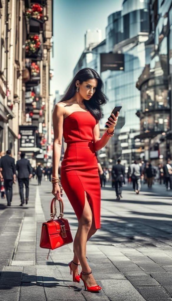 Alluring Woman in City Shopping District