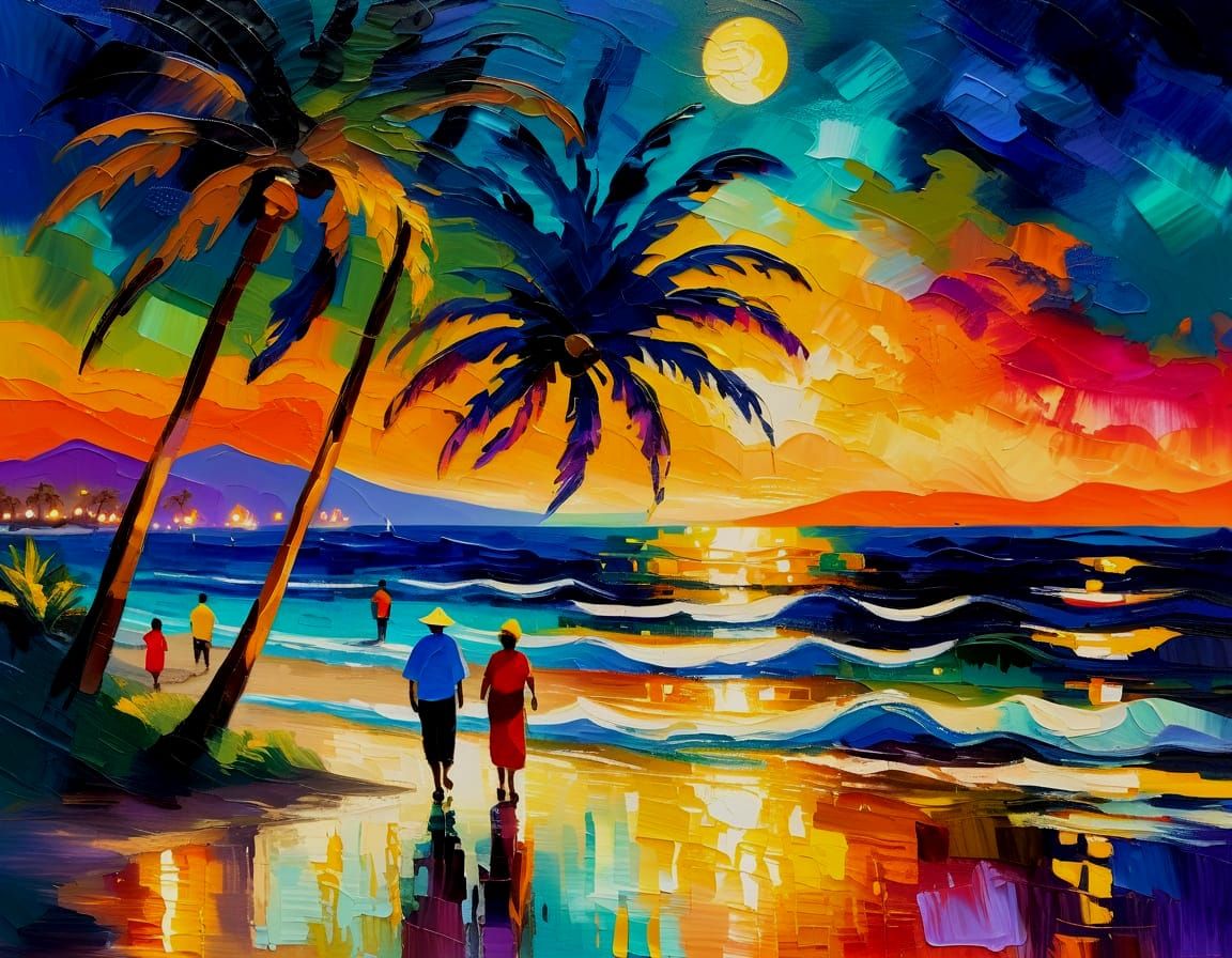 Summer Night Seascape in Impasto Style