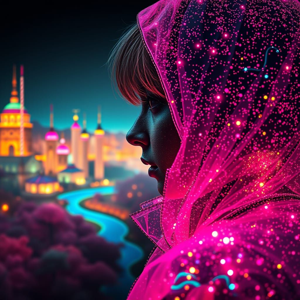 Shimmering Neon Girl in Candy Cityscape