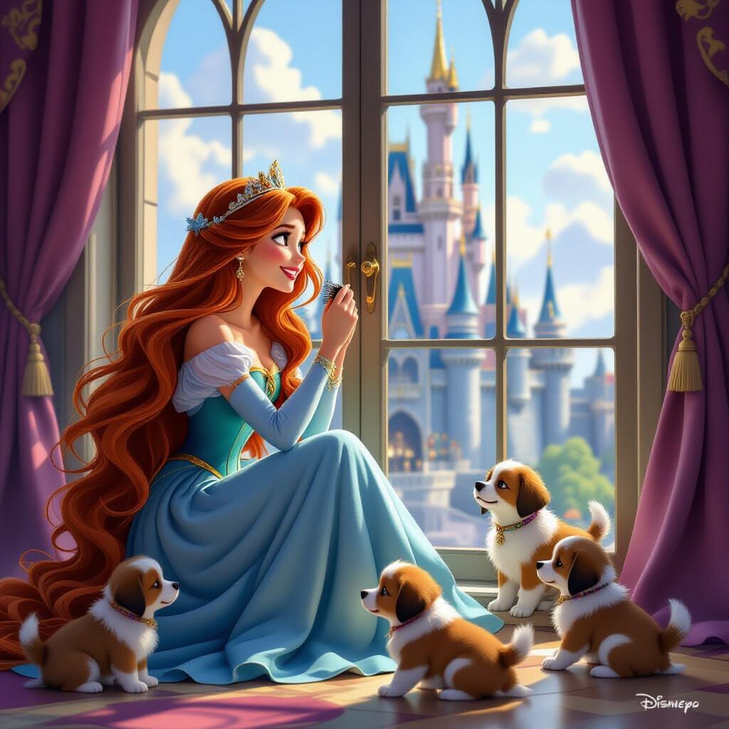 Disney Princess Combing Hair with Puppies, Fantasy Concept A...