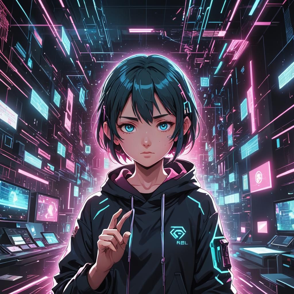 Cyberpunk Hacker Rei in Shonen Anime Style
