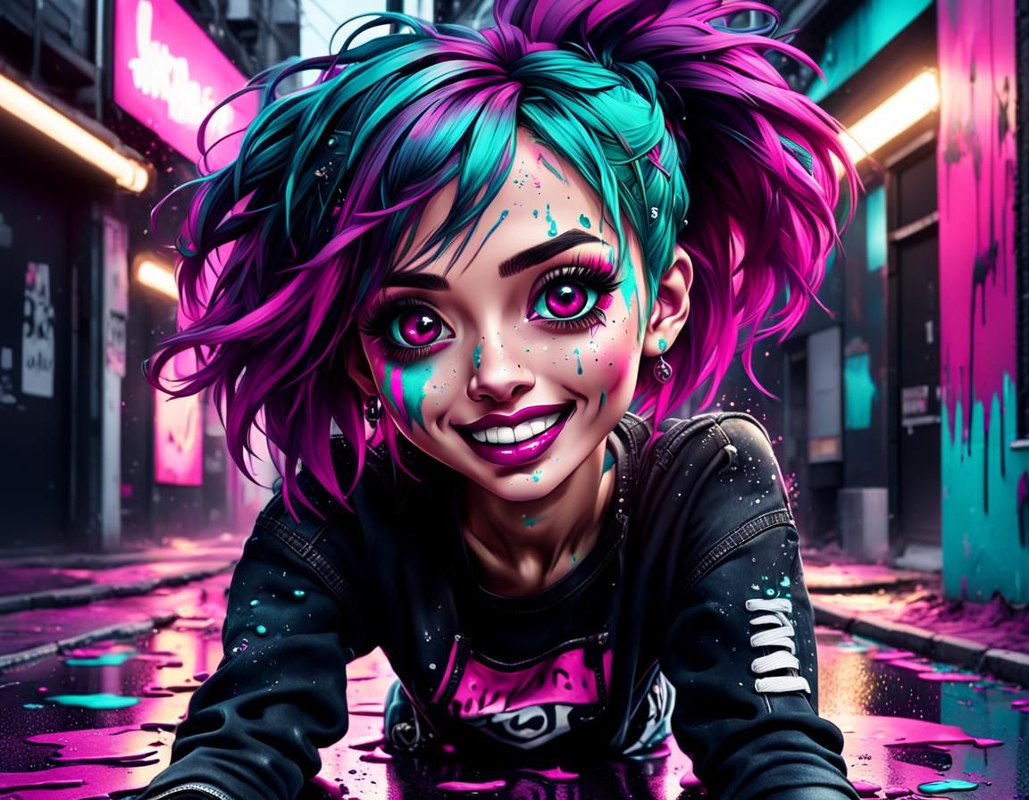 Cute Punk Girl with Neon Reflections, Hyperrealistic Splash ...