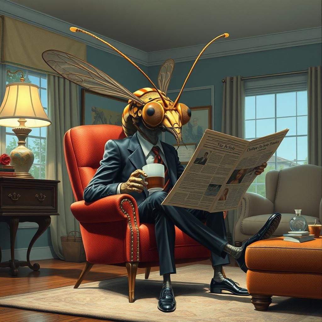 Anthropomorphic Mosquito Relaxing in 1950s Living Room