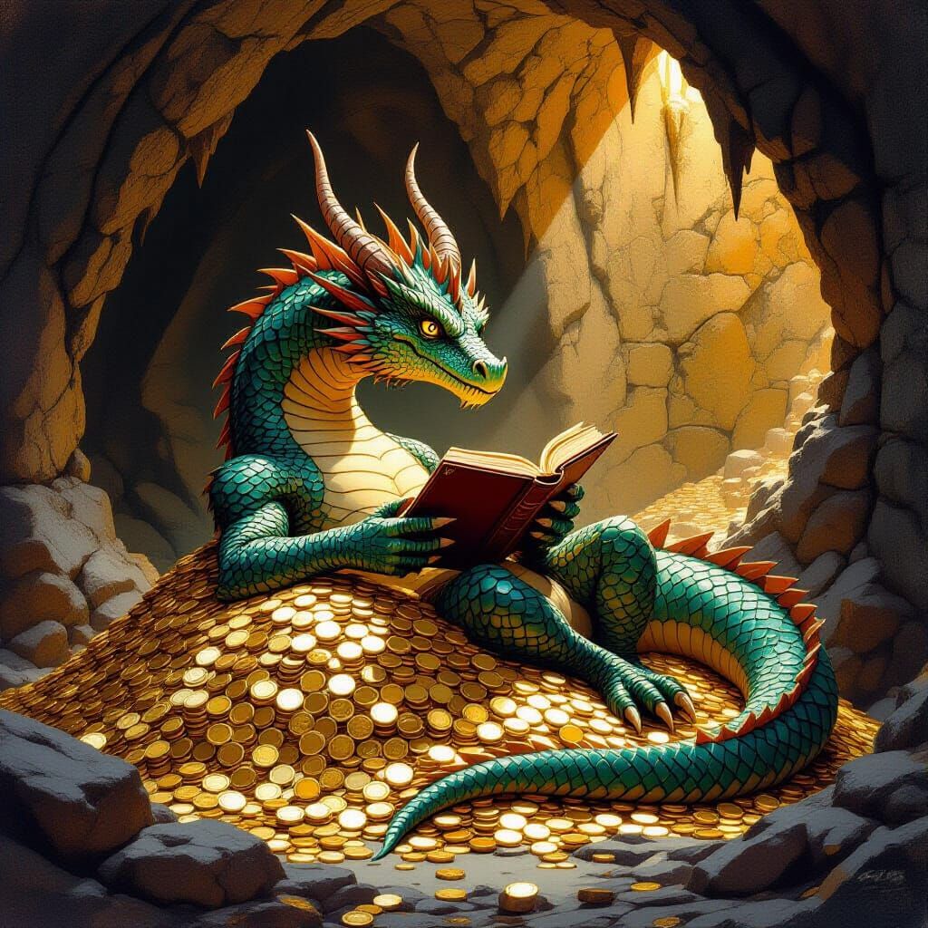 Dragon Reading Book on Treasure Pile, Fantasy Art