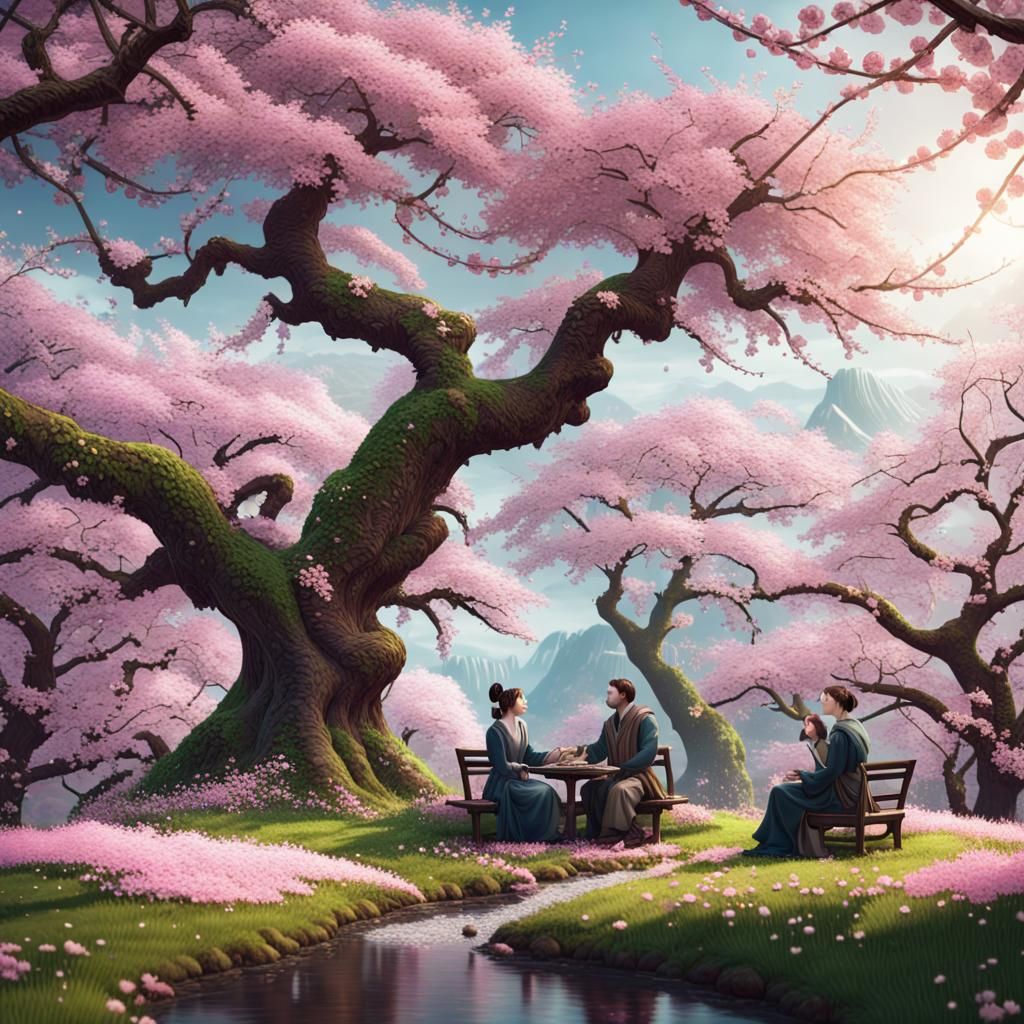 Spring Conversation Under Cherry Blossoms: Fantasy Concept A...