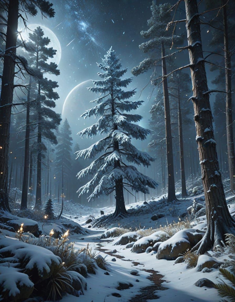 Ethereal Winter Forest Under Milky Way