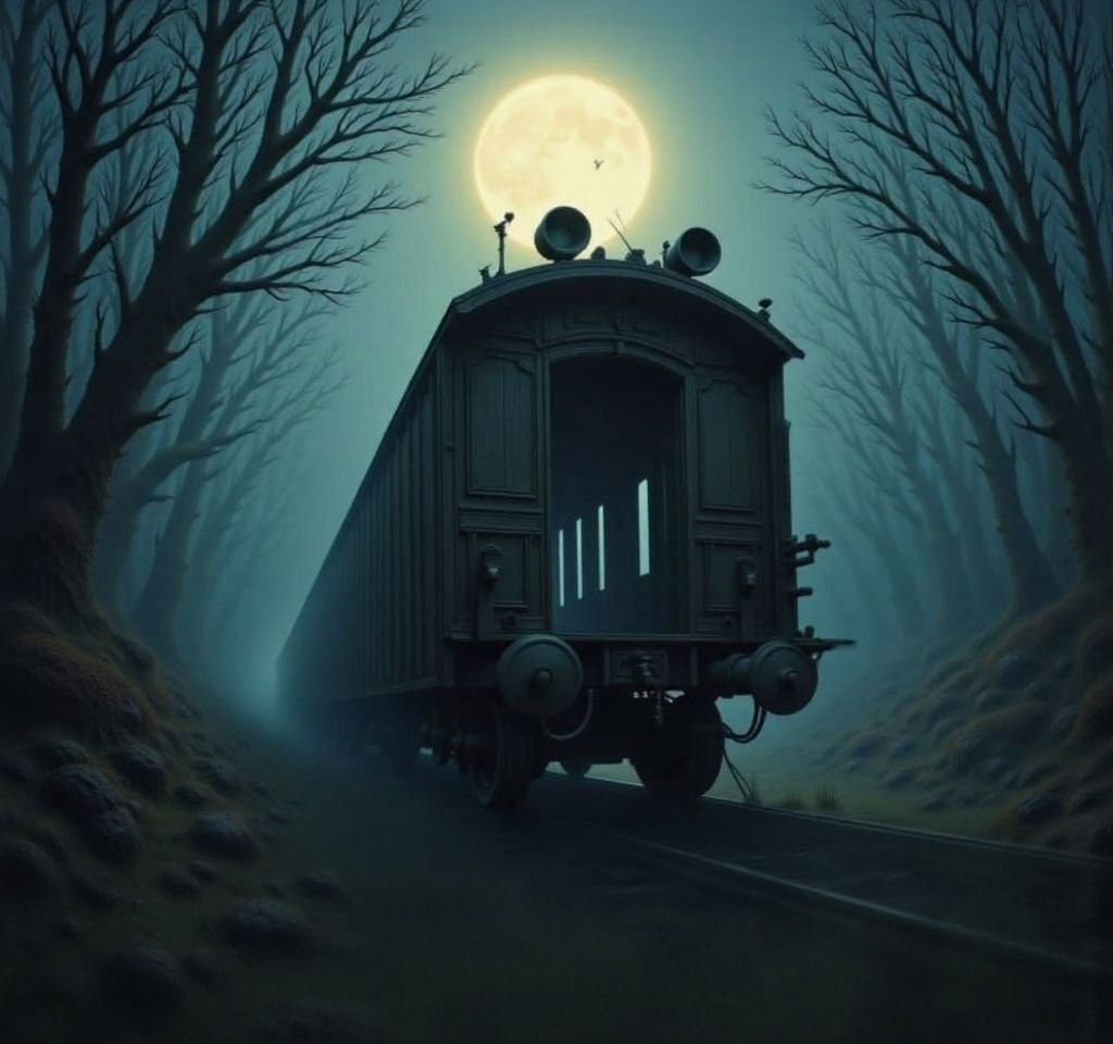 Mysterious Ghost Train Emerging from Wooded Landscape