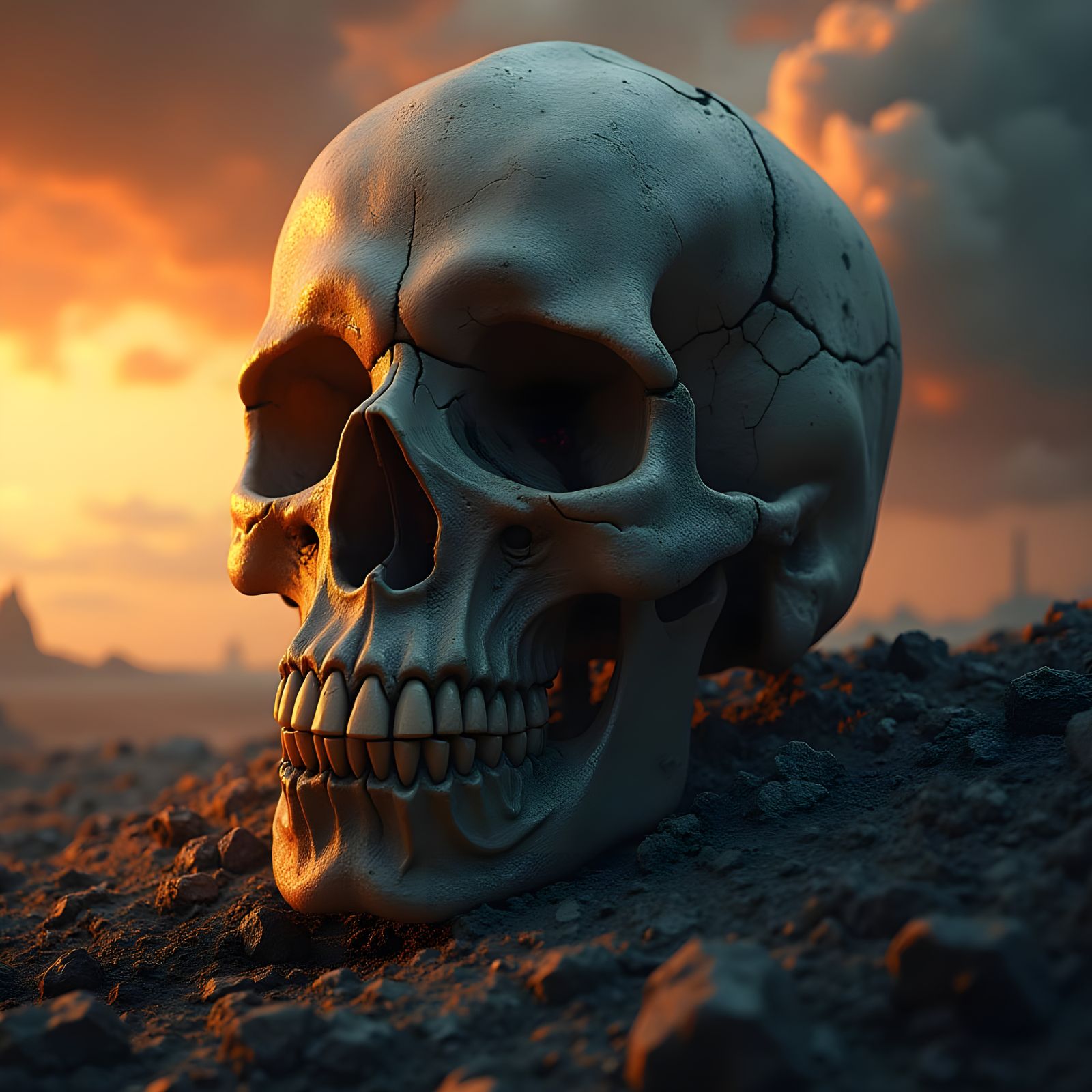 Ancient Skull Amidst a Turbulent Sunset