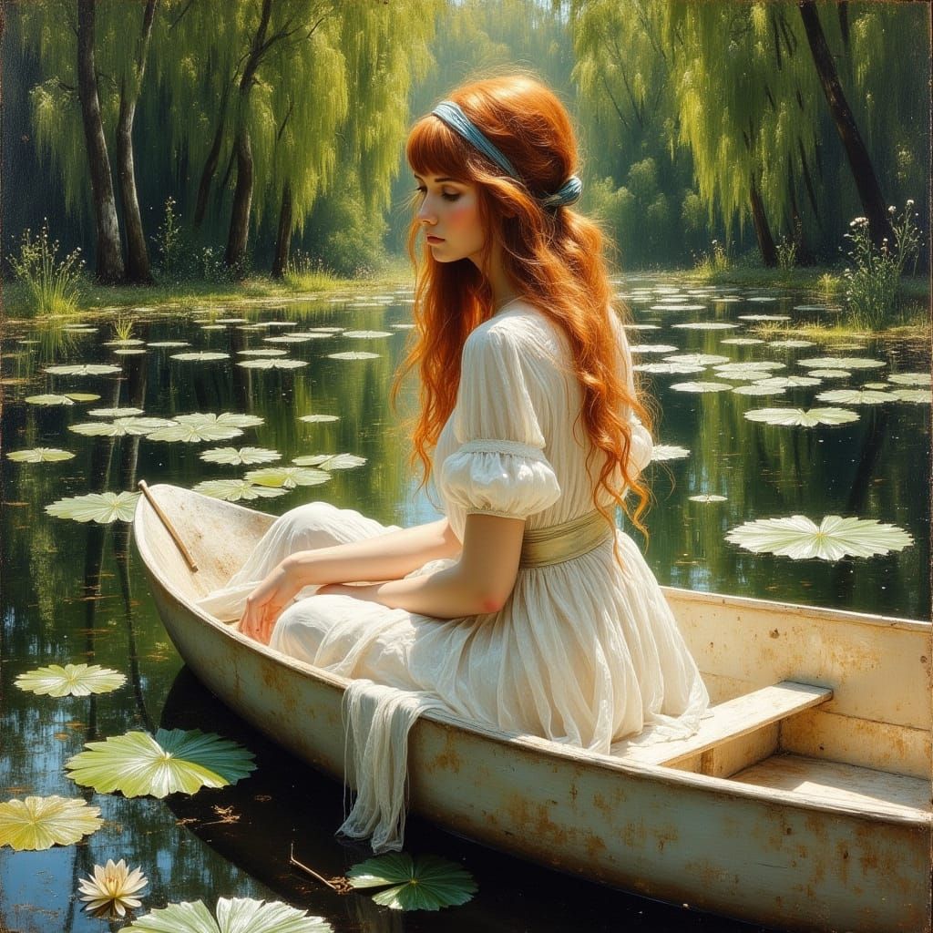Young Woman in Rowboat, Oil Painting Style