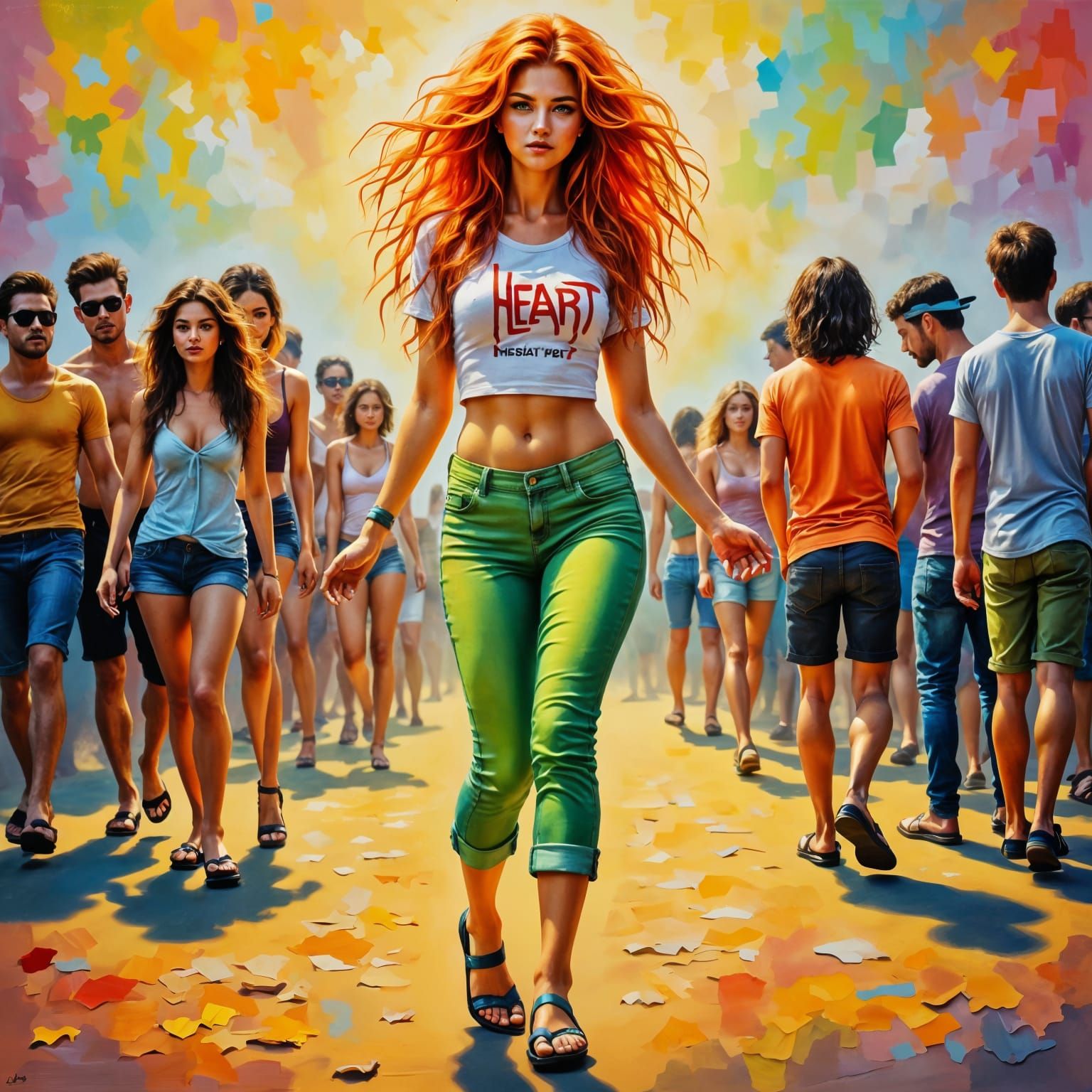 Vibrant Orange-Haired Woman in Neo-Impressionist Style