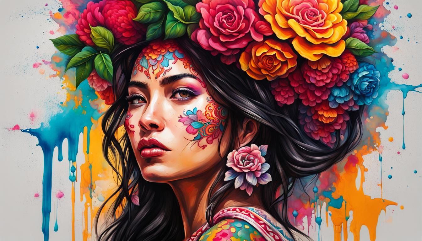 China Poblana in Colorful Graffiti Street Art