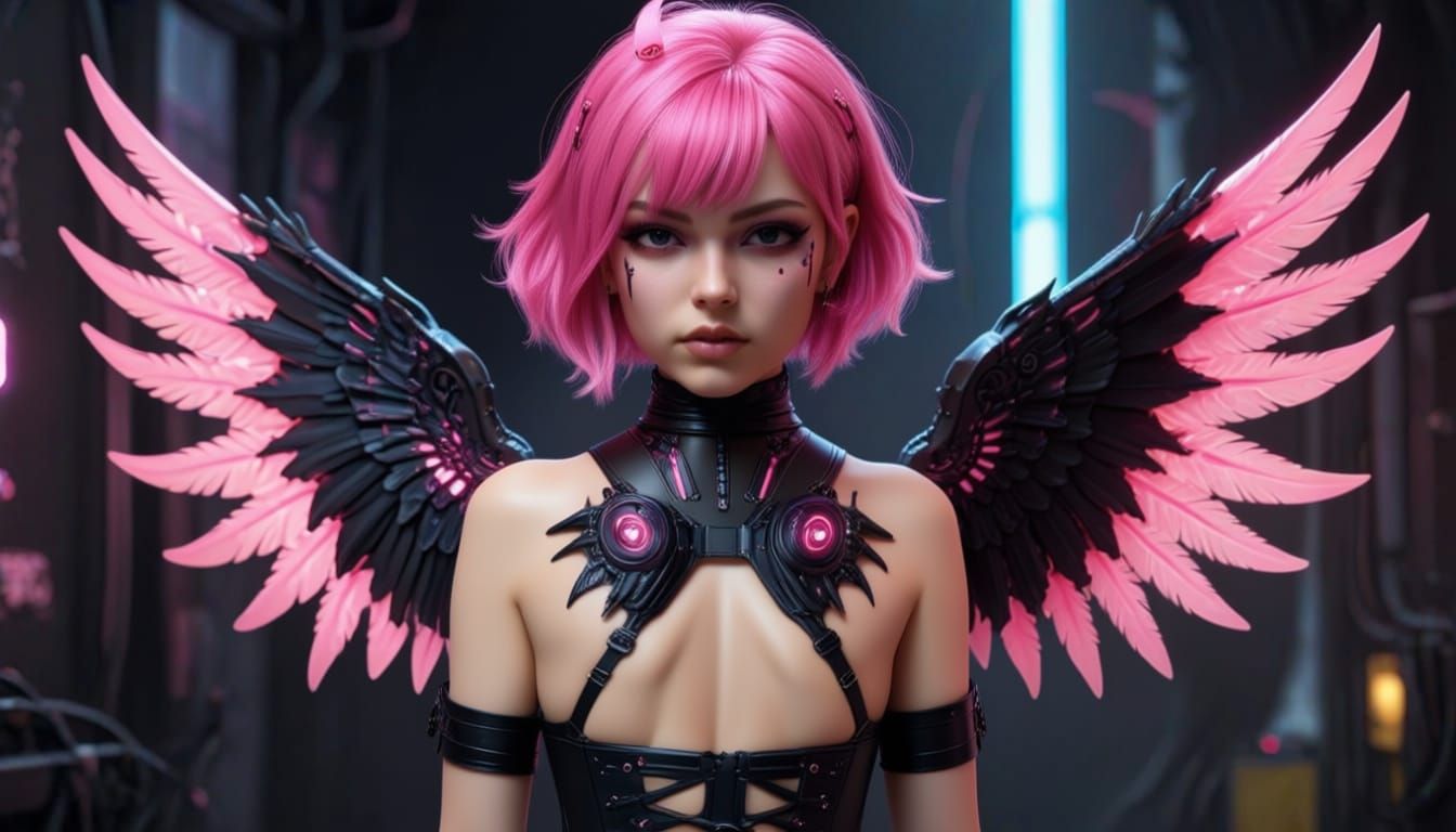 Cyberpunk Demon with Pink Hair and Glowing Eyes