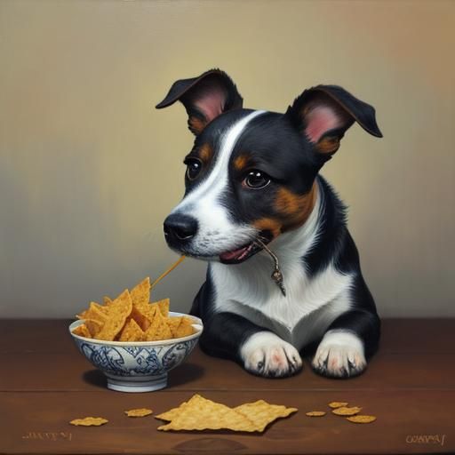 A Jack Russell Dog eating crisps