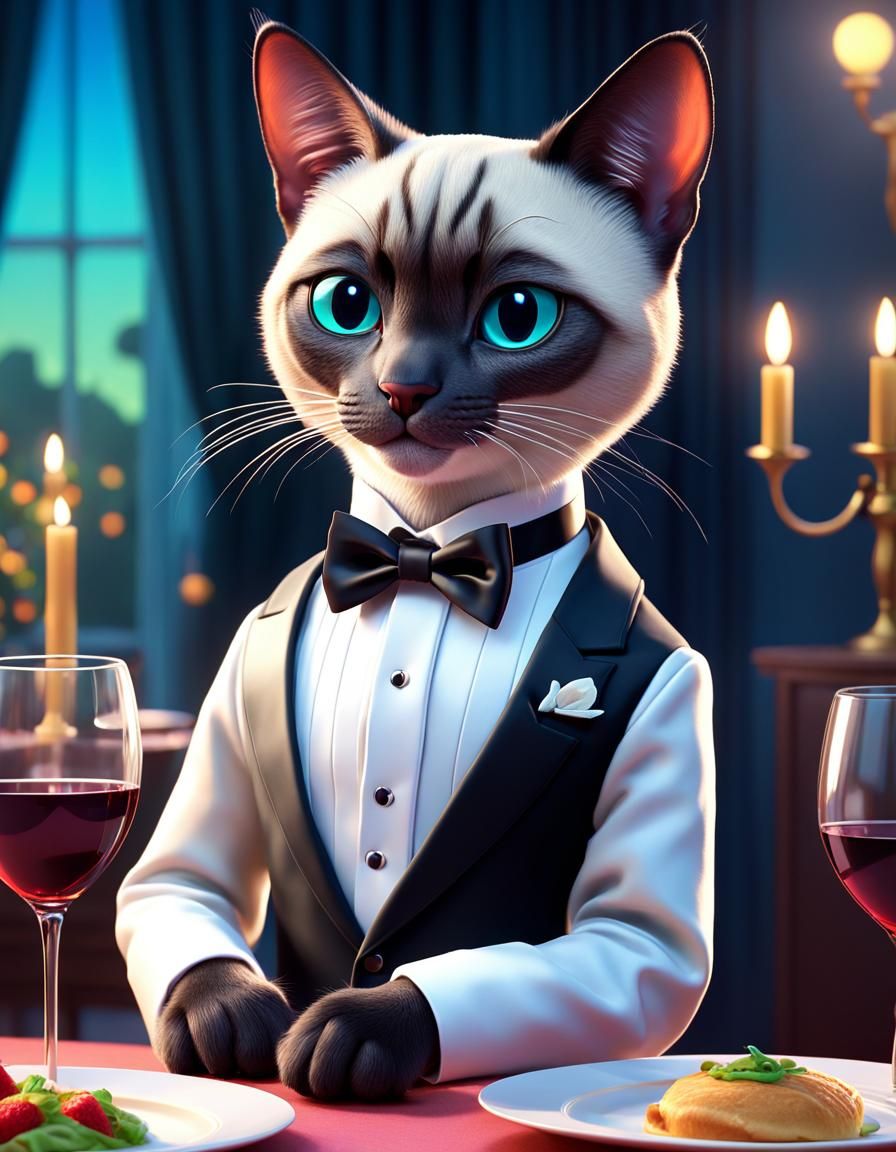 Siamese Cat in Tuxedo at Dinner Party: 3D Digital Art
