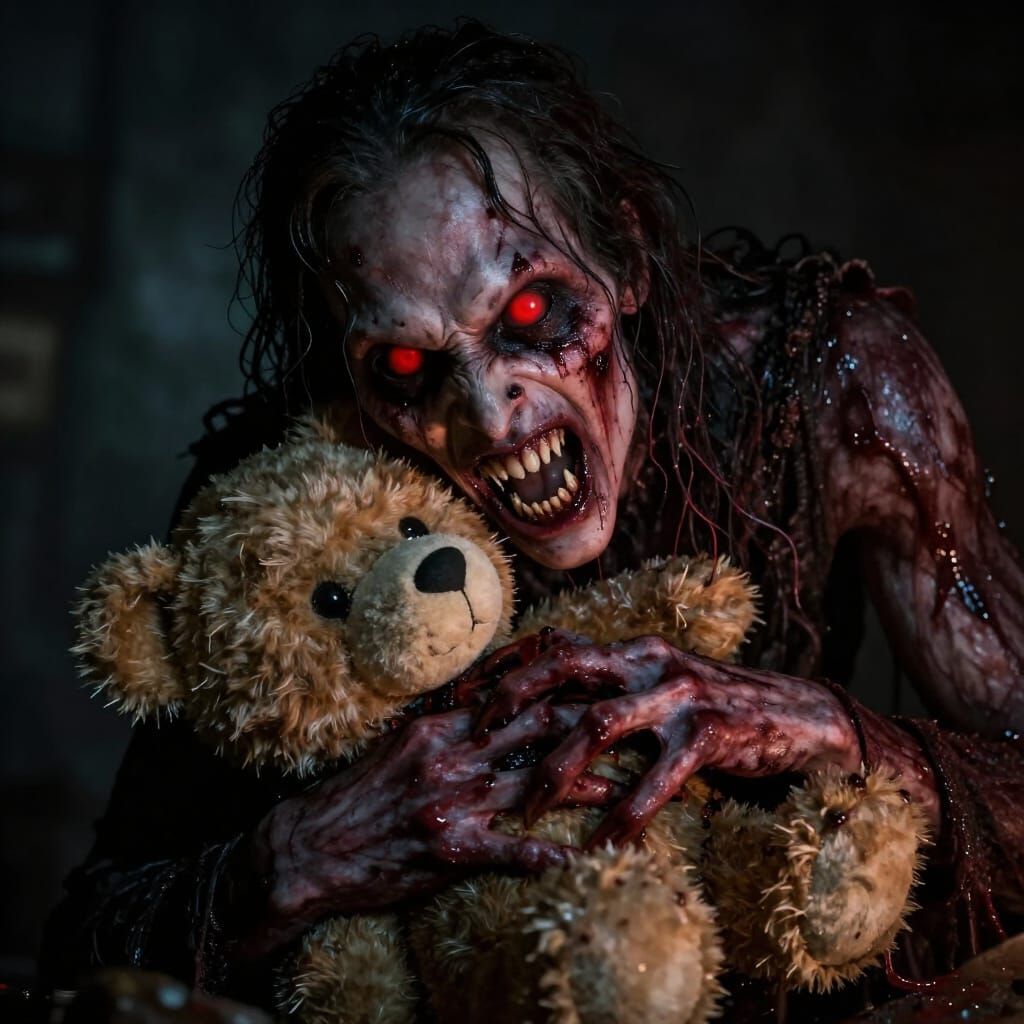 Hyperrealistic Horror Character Gnawing Teddy Bear