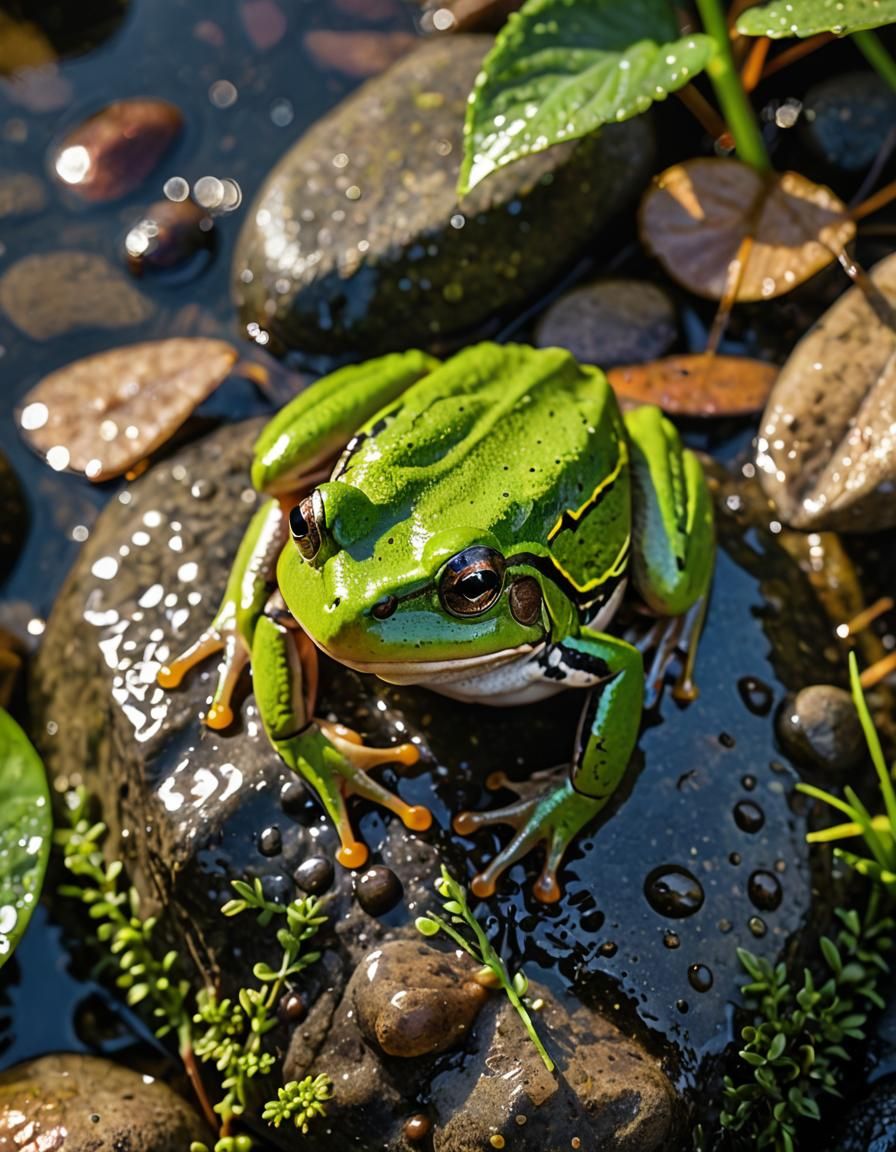 Macro Photo of Tiny Frog in Rainy Sunlight