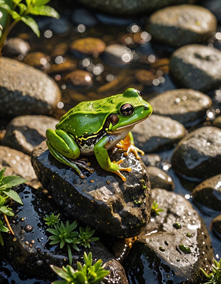 Macro Photo of Tiny Frog in Rainy Sunlight