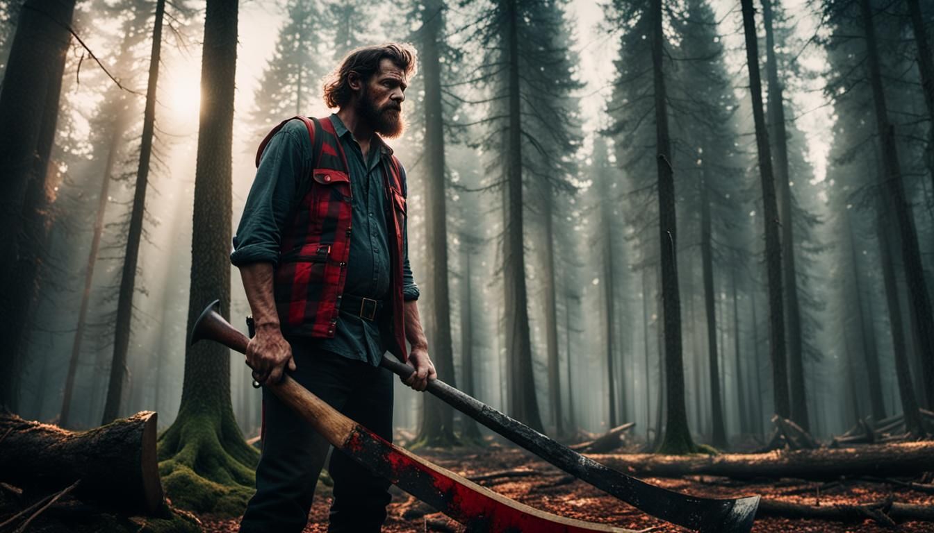 Lumberjack with Bloody Axe in Moody Forest