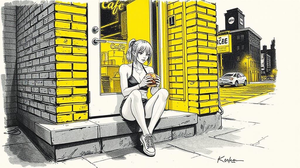 Cyberpunk Woman at Night: Line Drawing in Neon Light