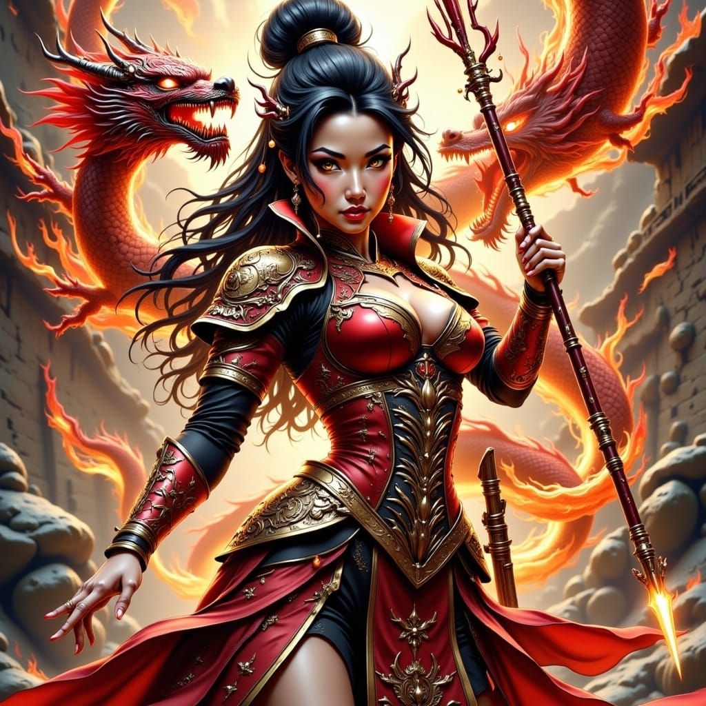 China-Themed Superheroine in Dragon Armor, Anime Style