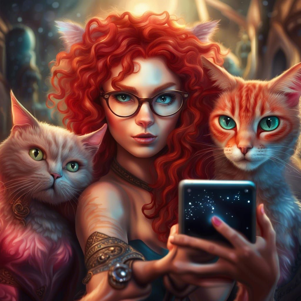 Cat taking selfie with mythical creatures.