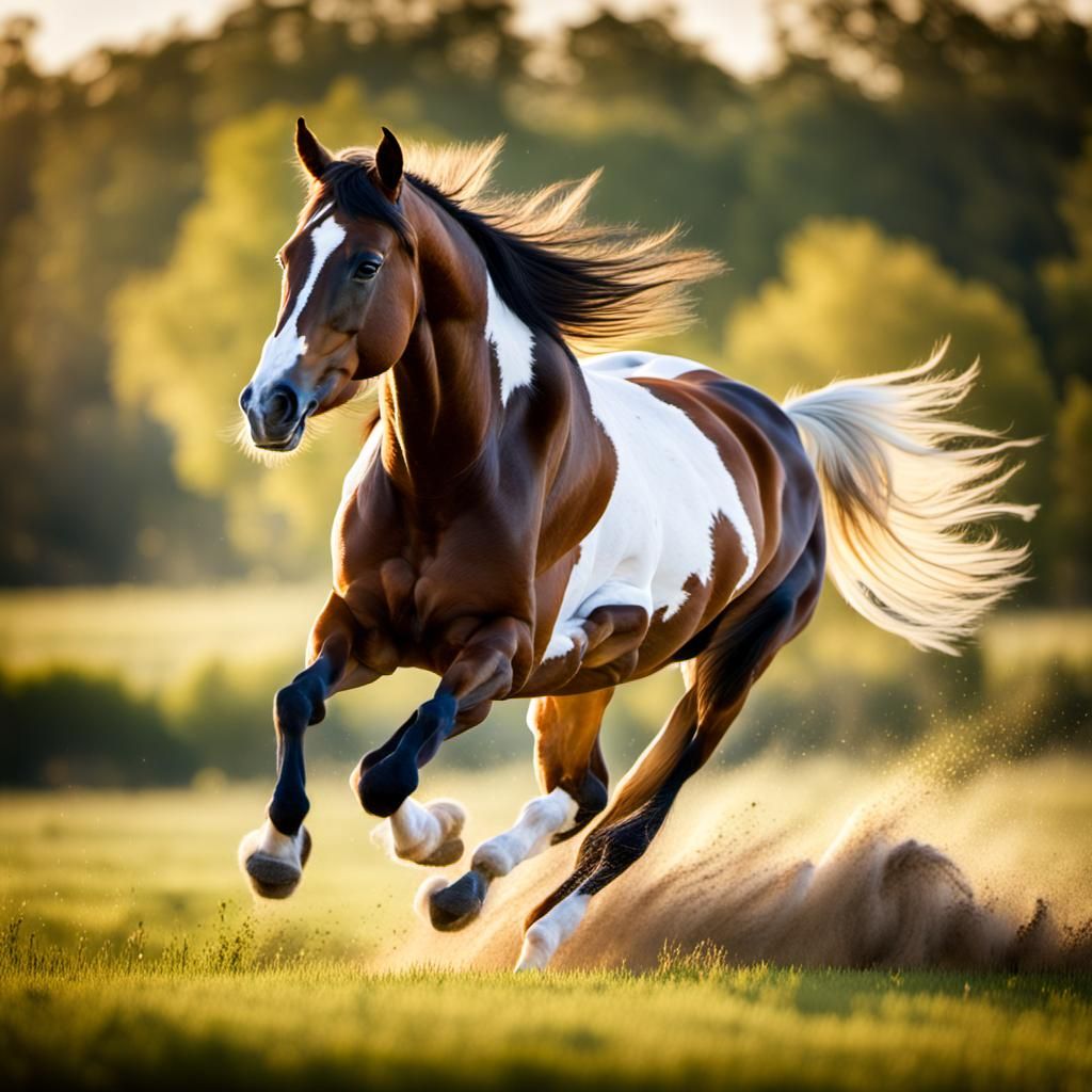 Pinto Arabian Horse Running in Meadow: Photography