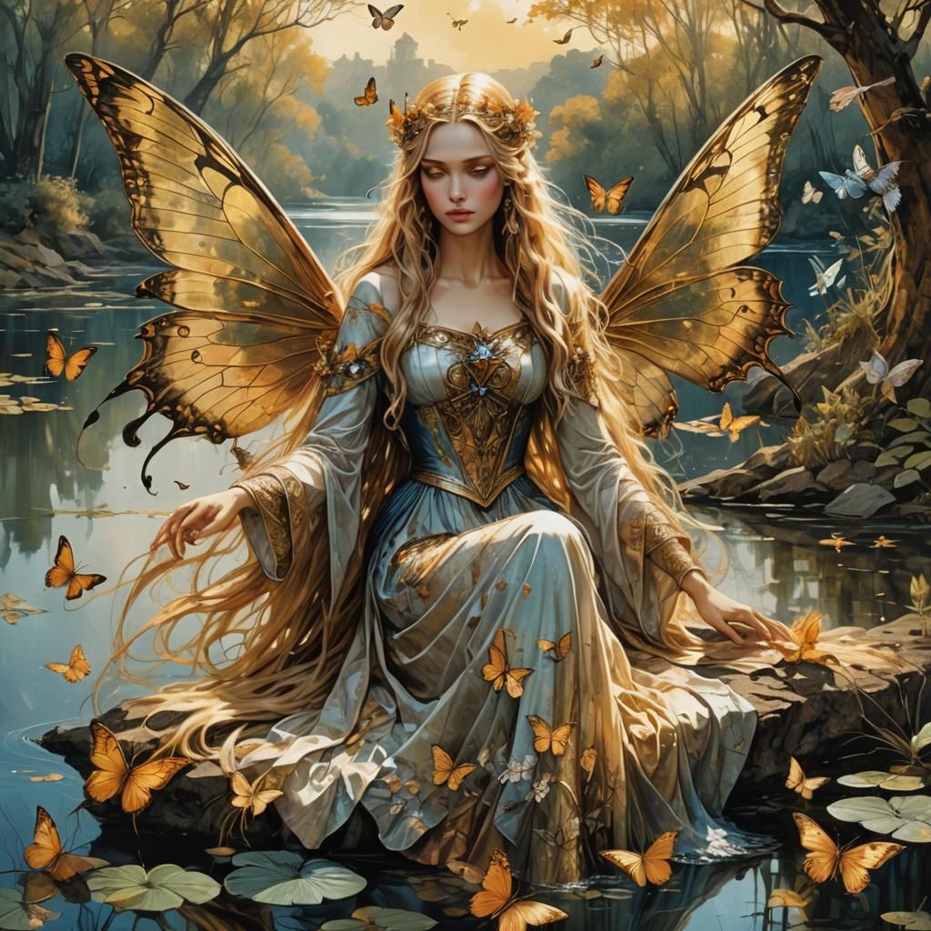 Medieval Woman with Fairy Wings by Lake