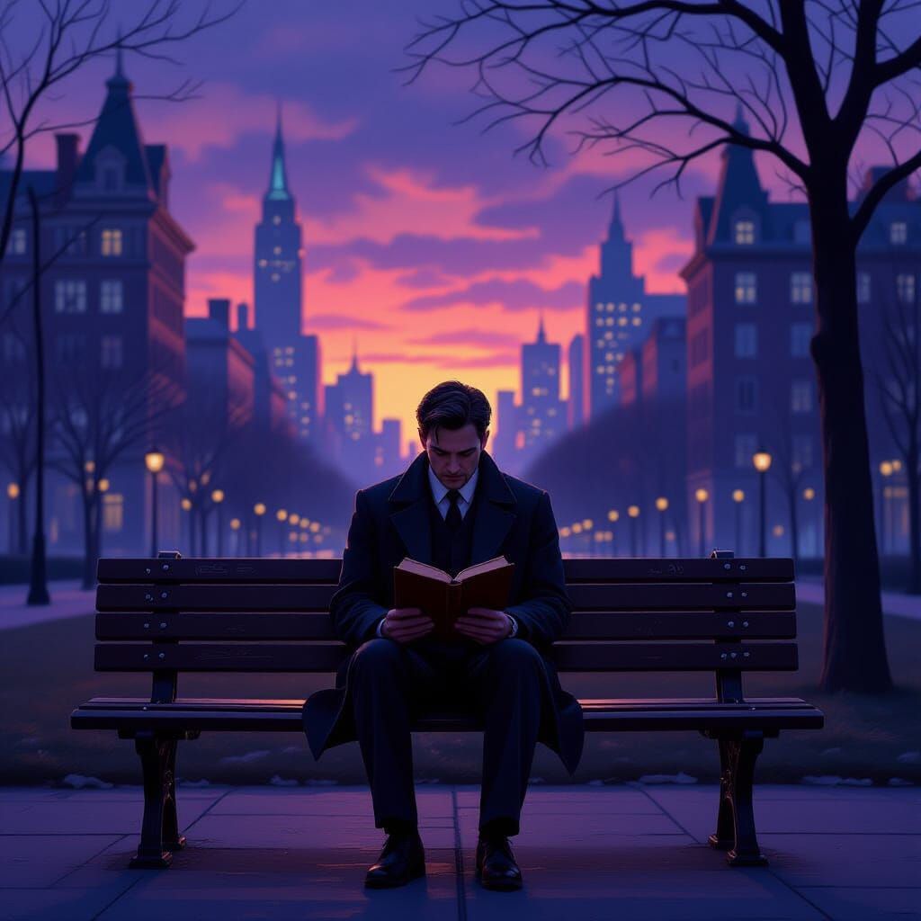 A lone man sits on a park bench in a perpetually twilight ci...
