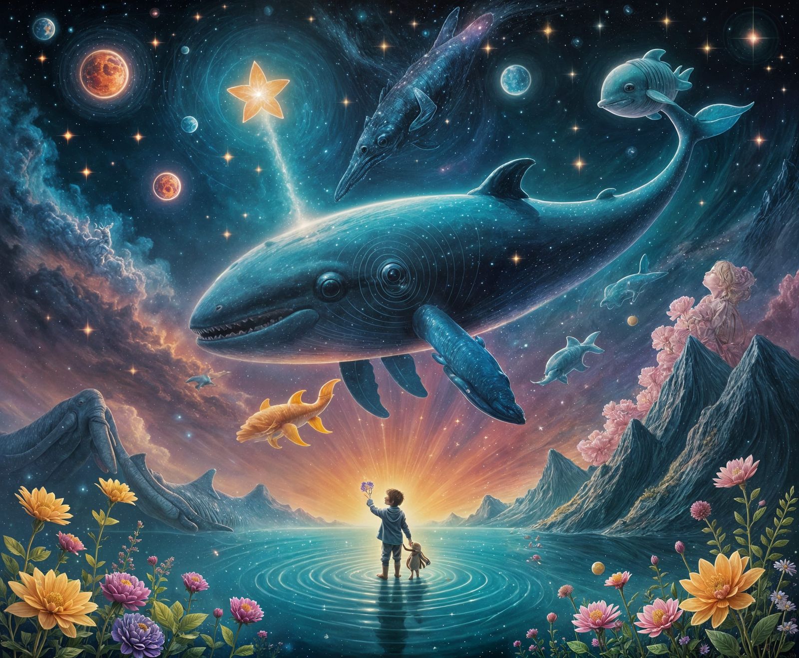 Automaton Offers Glowing Flower to Space Whale in Nebula