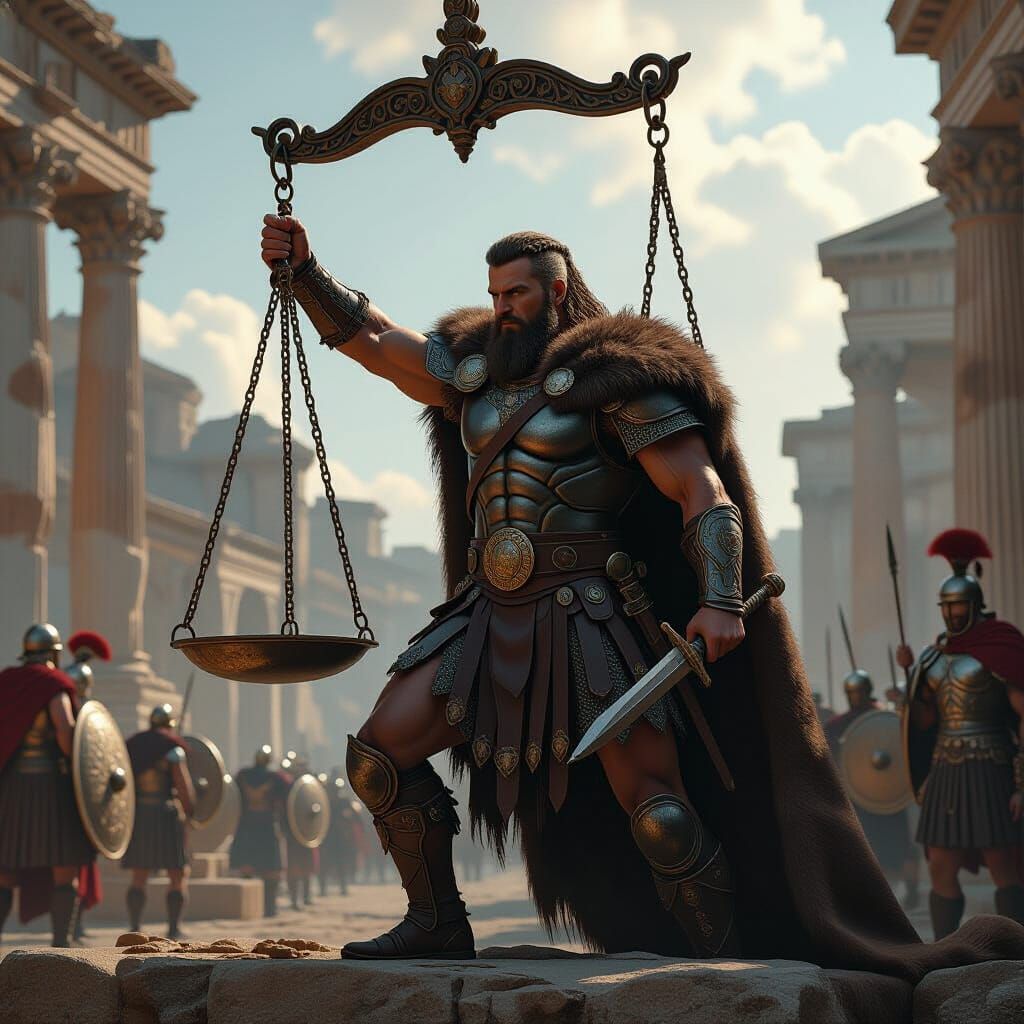 Celtic Warlord Brennus Weighs Spoils in Roman Ruins