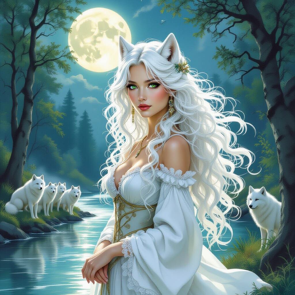 Wolf Woman in Fragonard Style Oil Painting