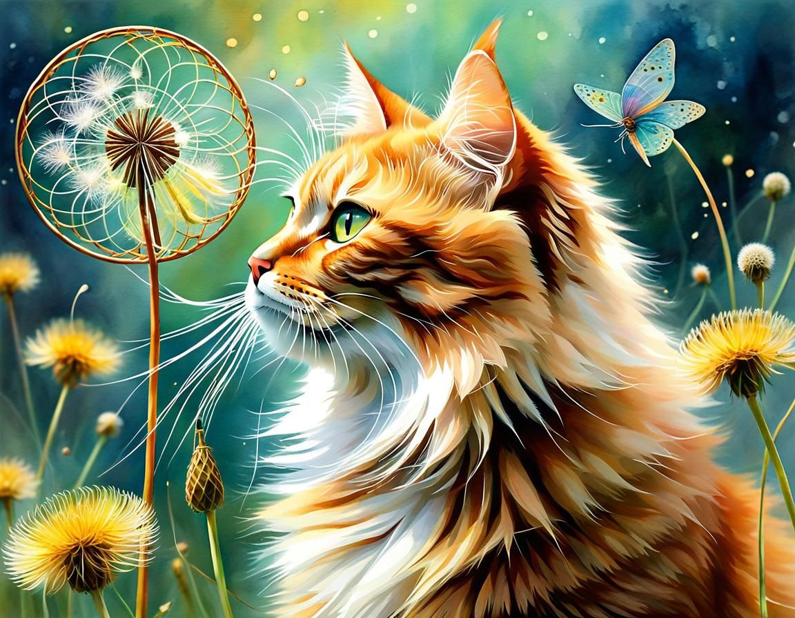 Ginger Cat Dances with Dandelion Seeds in Aquarelle