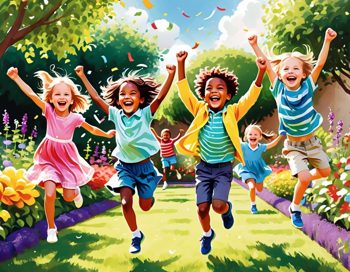 Children's Exuberant Joy in a Garden