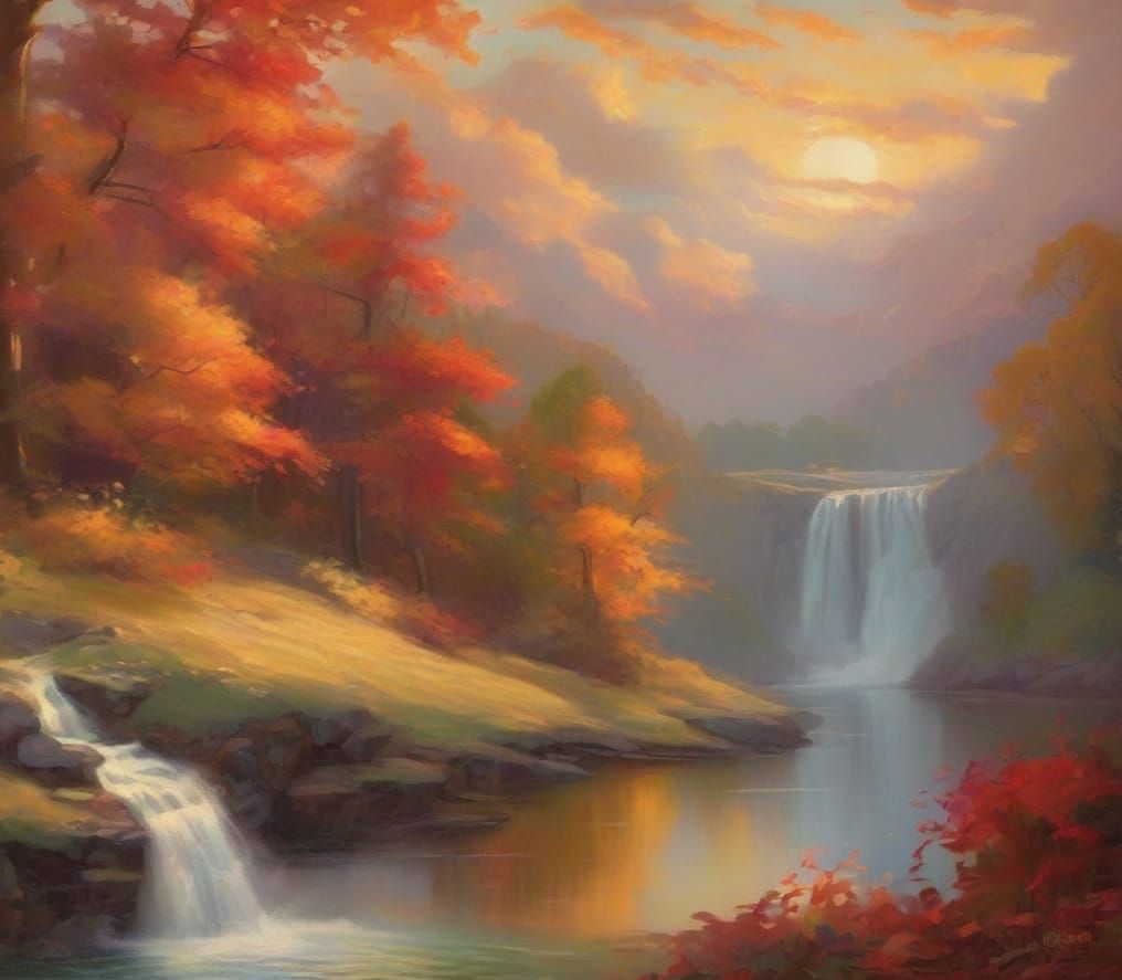 Autumn Forest Waterfall Oil Painting