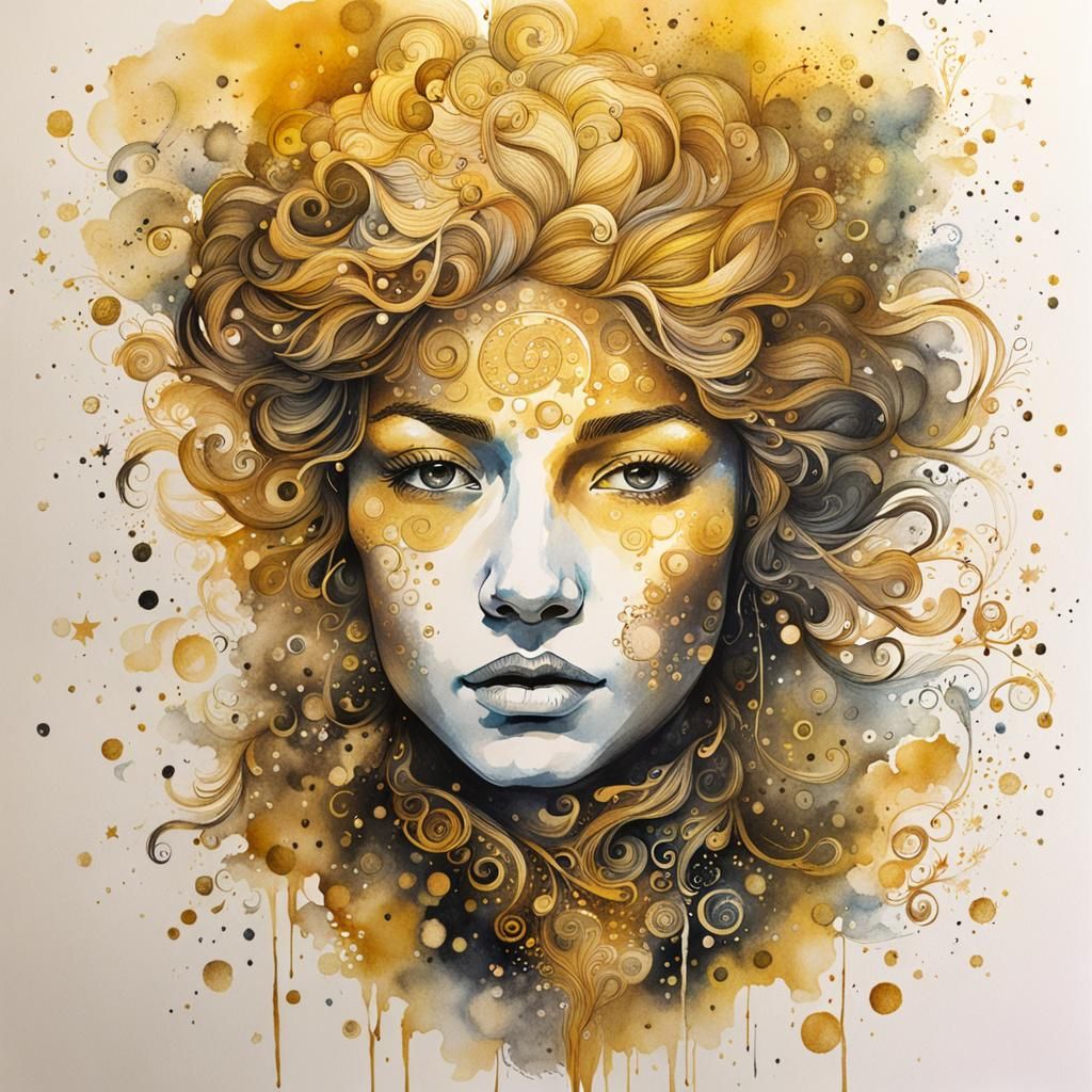 Whimsical Ink Portrait of a Golden Spark