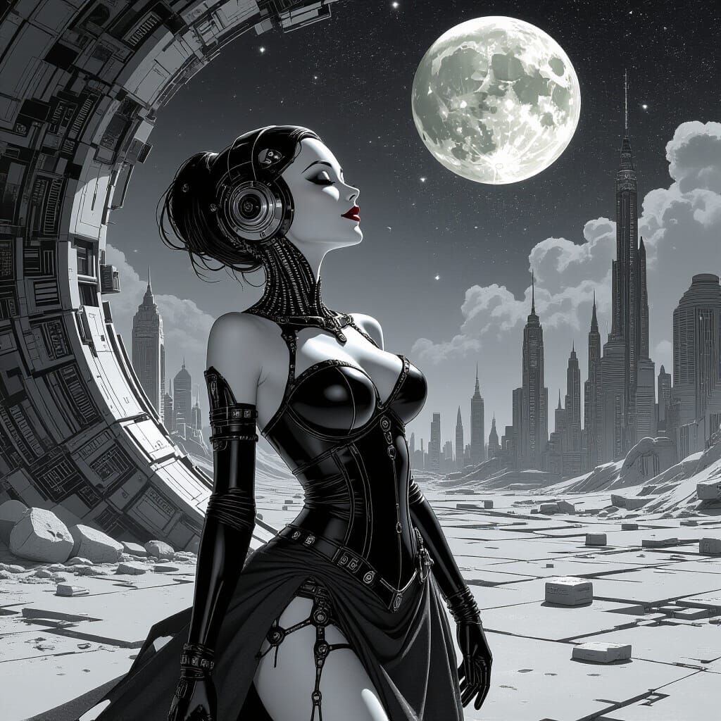 Android in Sci-Fi Metropolis: Dreamy Pin-Up Art