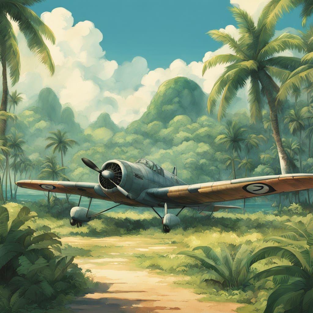 Surreal Watercolor Tropical Paradise with Vintage Airplanes